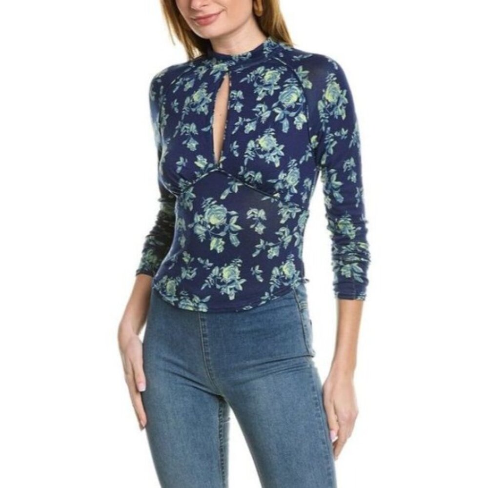 Free People Dinner Party Blossoming Rose Print Keyhole Top Dark Fairy XS